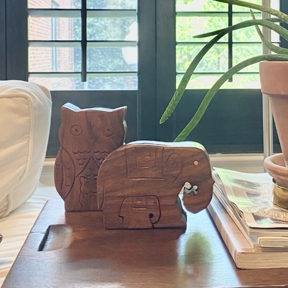 Other - PUZZLES Wood Animal Puzzle Treasure Boxes Set-> Owl & Elephant